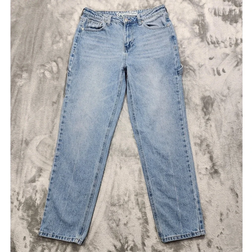 Organic Blue Jeans Womens 7/28 Blue High Rise Relaxed Straight Carpenter Denim